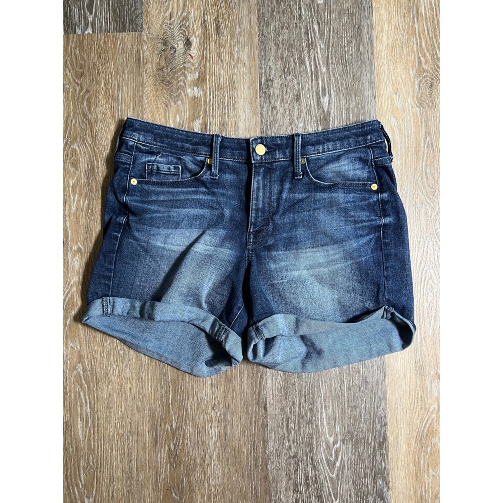 Mossimo Denim Shorts Women 6 Dark Blue Excellent High Rise Midi Cuffed Stretch